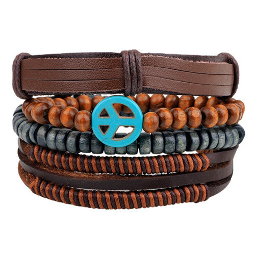 Fashion accessories Rope Wood Bead Leather Bracelets & bangles 1 Sets Multilayer Braided Wristband Bracelet Men pulse