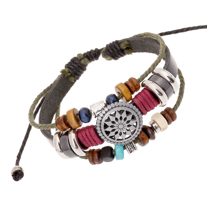 Fashion leather beaded bracelet women personality casual sun flower alloy hand woven vintage bracelet men punk dress bracelet