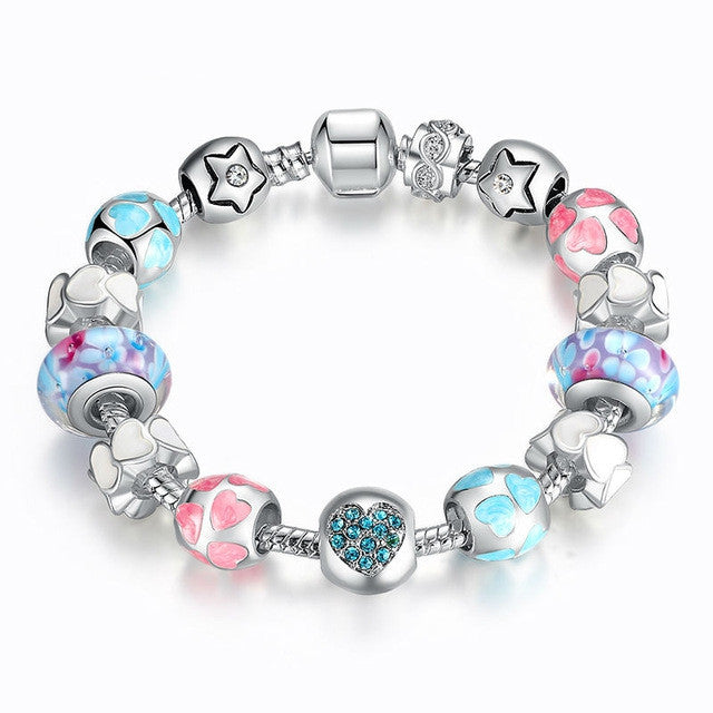 Fashion 925 Silver Heart Start Crystals "LOVE" Colorful Girl Murano Beads Bracelet for New Year Gift