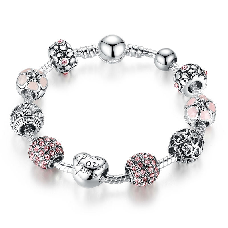 Fashion Antique 925 Silver Charm Bangle & Bracelet with Love and Flower Crystal Ball for Women Wedding