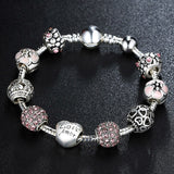 Fashion Antique 925 Silver Charm Bangle & Bracelet with Love and Flower Crystal Ball for Women Wedding 