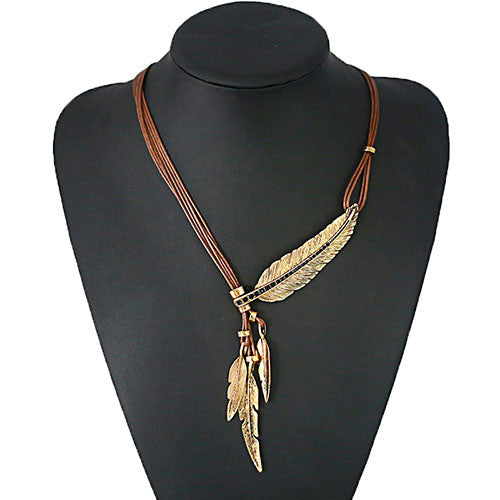 Fashion Bohemian Style Black Rope Chain Feather Pattern Pendant Necklace For Women Fine Jewelry Collares Statement Necklace