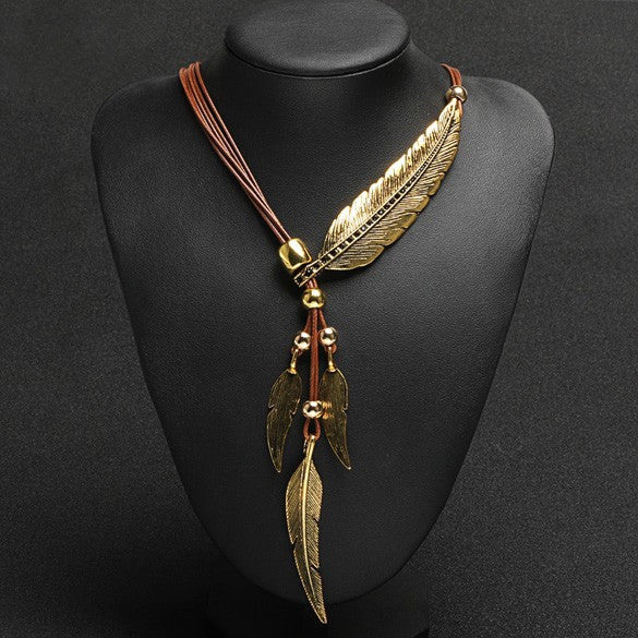 Fashion Bohemian Style Bronze Rope Chain Feather Pattern Pendant Necklace