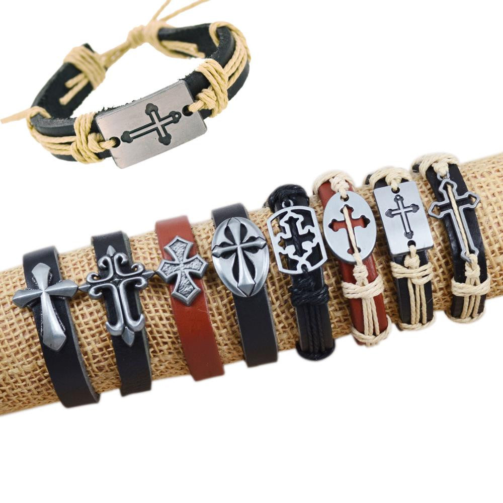 Fashion Bracelet Fashion Mixed Cross Charms Tribe Genuine Leather Bracelets Jewelry Men & Women Bracelet-8pcs/set