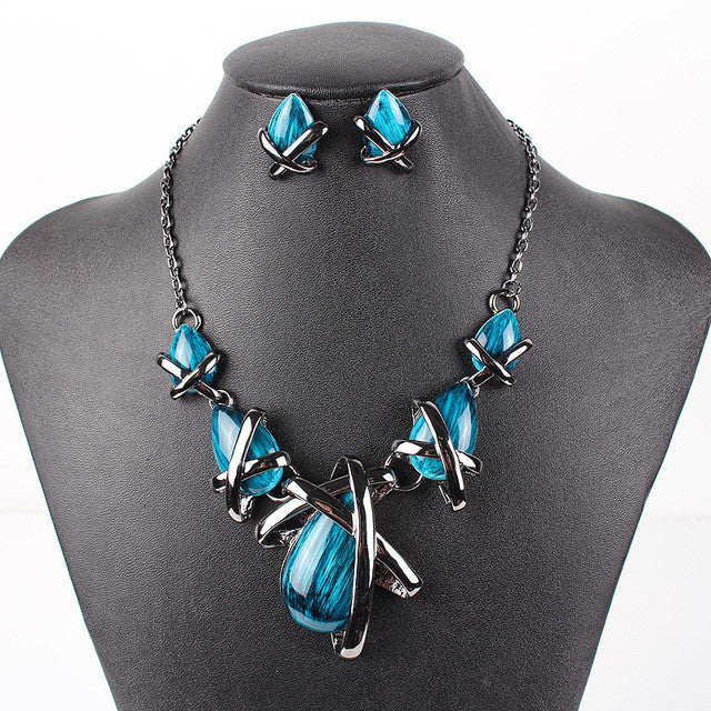 Fashion Brand Jewelry Sets Gunmetal Plated 4 Colors Blue Necklace Set Bridal Jewelry High Quality Party Gifts
