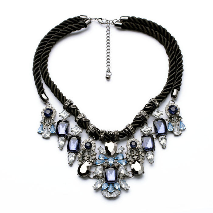 Fashion Costume Jewelry Vintage Silver Black Fabric Rope Chain Crystal Statement Choker Necklace Women Dangle Pendants