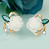 Fashion Elegant Charming Resine Rhinestone Crystal White Rose Stud Earring Party Wedding Gift Pressent