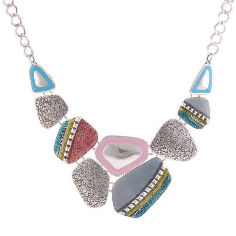 Fashion Ethnic Vintage Antique Silver Plated Colorful Enameling Geometric Pendants Choker Statement Necklaces