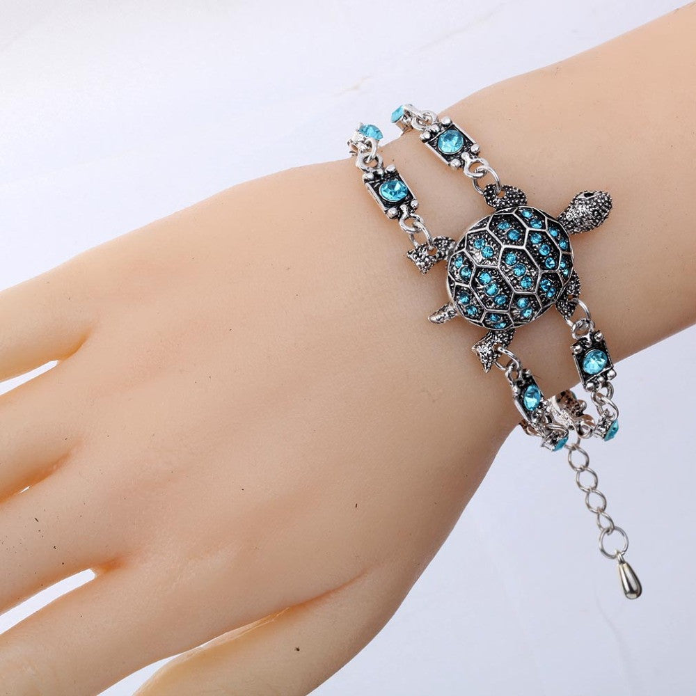Fashion Hot Sale Vintage Retro Style Crystal Bangle Jewelry Tortoise Women Chain Bracelet Tibetan Silver