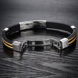 New Fashion Jewelry Punk Gold Stainless Steel Cross Black Genuine Silicone Men Bracelet Male Bangles