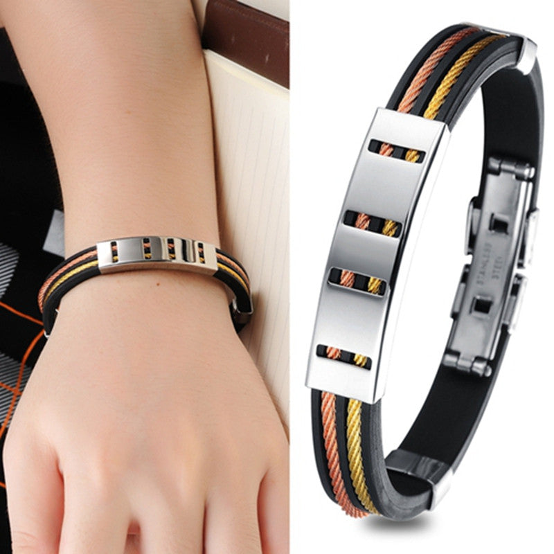 Fashion Jewelry Punk Rose Gold Stainless Steel Black Genuine Silicone Men Bracelet Male Bangles