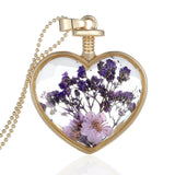 Fashion Jewelry Romantic Crystal Glass Heart Shape Floating Locket Dried Flower Plant Pendant Chain Necklace for Women Girls
