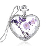 Fashion Jewelry Romantic Crystal Glass Heart Shape Floating Locket Dried Flower Plant Pendant Chain Necklace for Women Girls