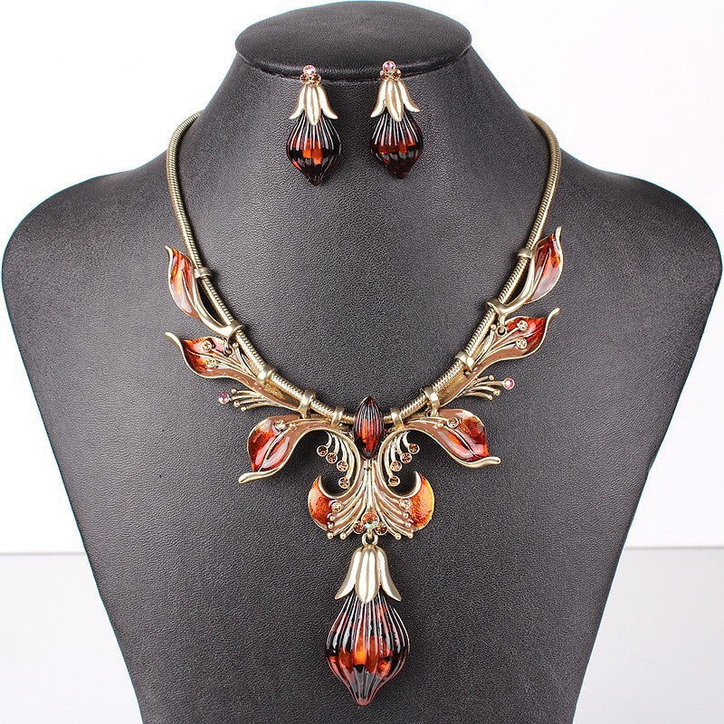 Fashion Jewelry Sets Antique Gold/Silver Plated Flower Design Red/Brown Color High Quality Party Gifts