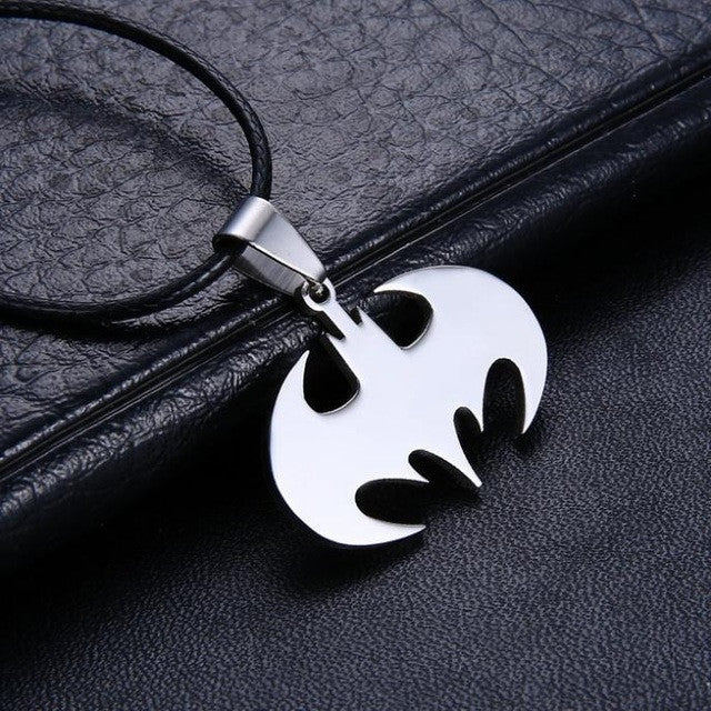 Fashion Jewelry Slippy Bat Batman Sign Pendant 316L Stainless Steel Necklaces leather chain Mens Necklaces