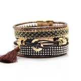 Fashion Multilayer Boho rhinestone Leather Tassels Magnet Bracelet