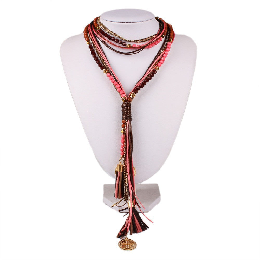 Fashion National Long Necklace Handmade Leather rope Measly Maxi Necklace Fine Jewelry