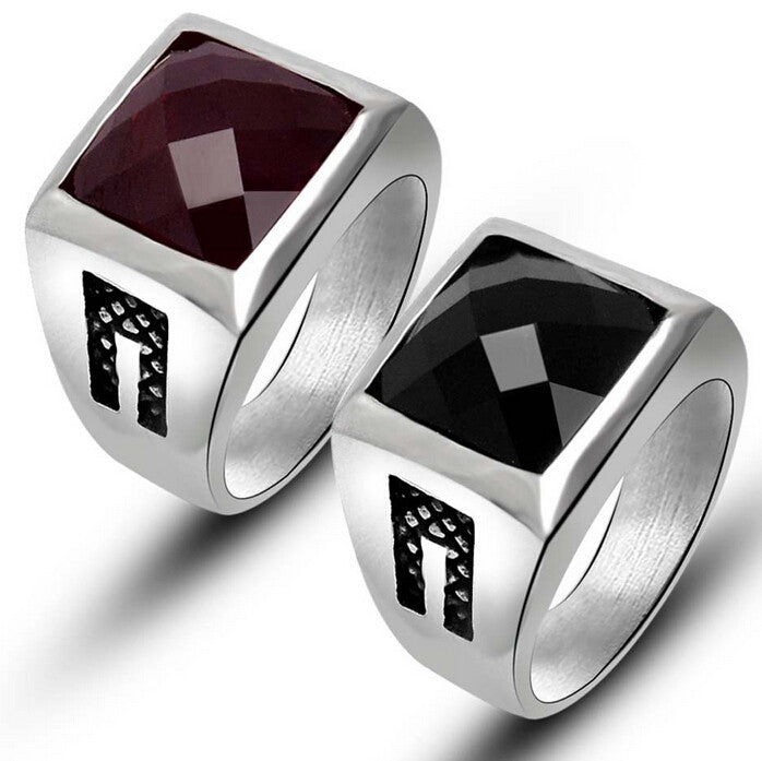 Fashion New Stainless Steel Mens Rings Red Black Agate Wedding Rings For Men Vintage Ruby Jewelry High Quality Cool Ring Men