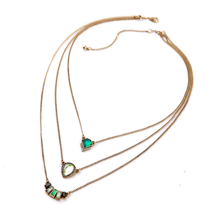 Fashion Personality Geometric Emerald Pendant Three Layers Brand Necklace