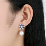 Fashion Platinum Plated Blue Crystals Pearl Dangle Earrings Drop Earrings for Women Earrings Engagement Jewelry