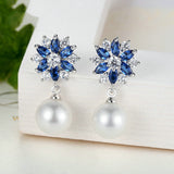 Fashion Platinum Plated Blue Crystals Pearl Dangle Earrings Drop Earrings for Women Earrings Engagement Jewelry