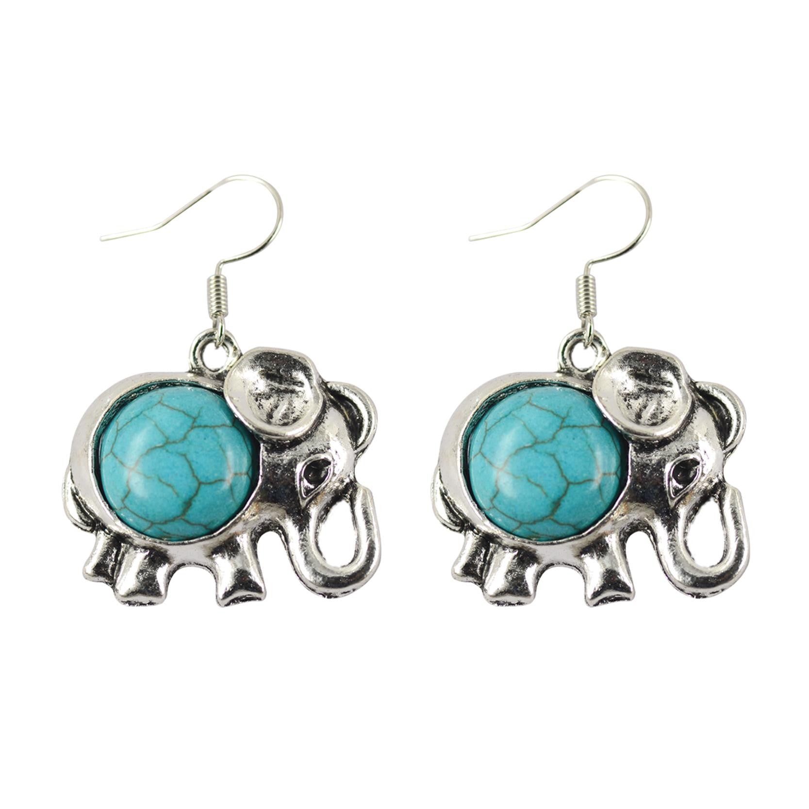 Fashion Popular Animal Pendant Earring Cute Silver Little Elephant Dangle Earring Synthetic Turquoise Accessory