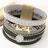 Fashion Rhinestone Lucky Letter Multilayer Leather Bracelet Bangles with Wide Magnetic Wristband Jewelry For Women men gift