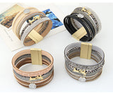 Fashion Rhinestone Lucky Letter Multilayer Leather Bracelet Bangles with Wide Magnetic Wristband Jewelry For Women men gift