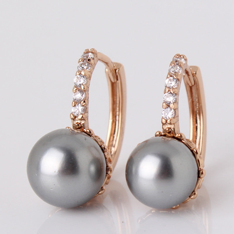 Fashion Round Ball Crystal Zirconia Jewelry 18K Gold Plated Hoop Earrings White/Gray Pearl Wedding Earring for Women