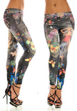Fashion Sexy Women Leggings Buttlefly Flower Printed Imitation Jeans Elastic Slim Punk Style Faux Denim Pencil Pants