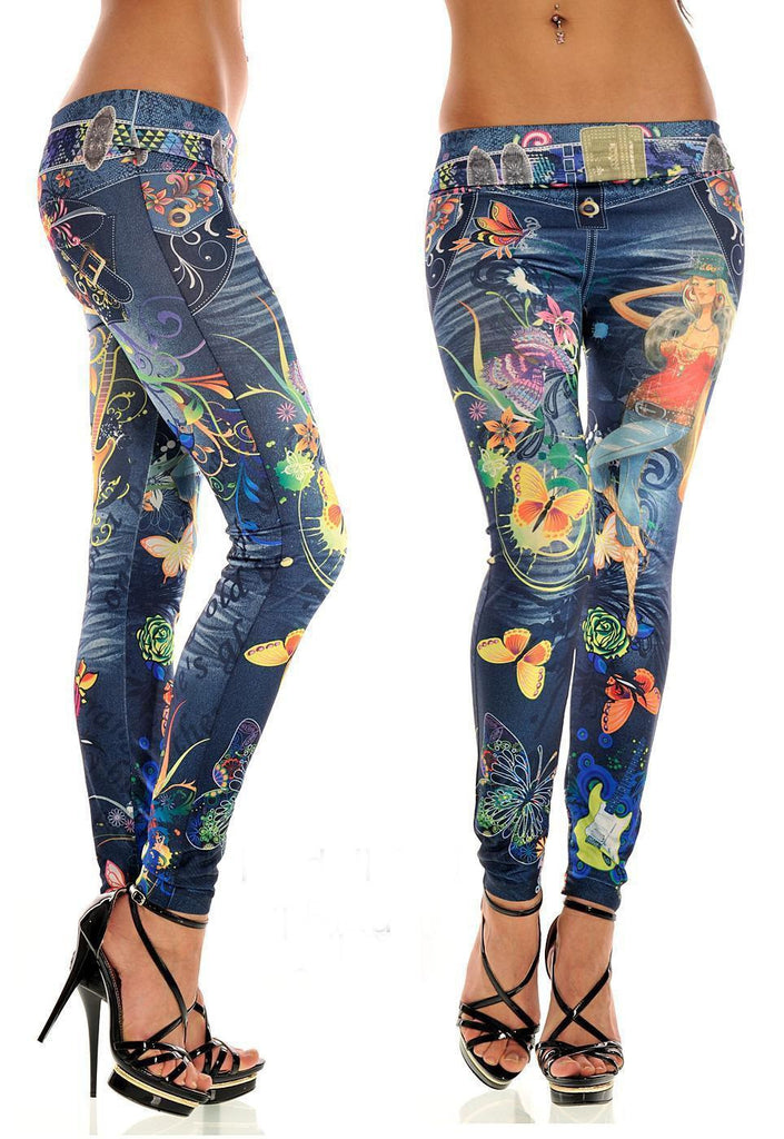 Fashion Sexy Women Leggings Buttlefly Flower Printed Imitation Jeans Elastic Slim Punk Style Faux Denim Pencil Pants