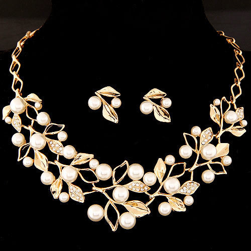 Fashion Simulated Pearl Jewelry Sets Statement Necklaces Earrings for Women Crystal Leaf Collares Wedding Accessories