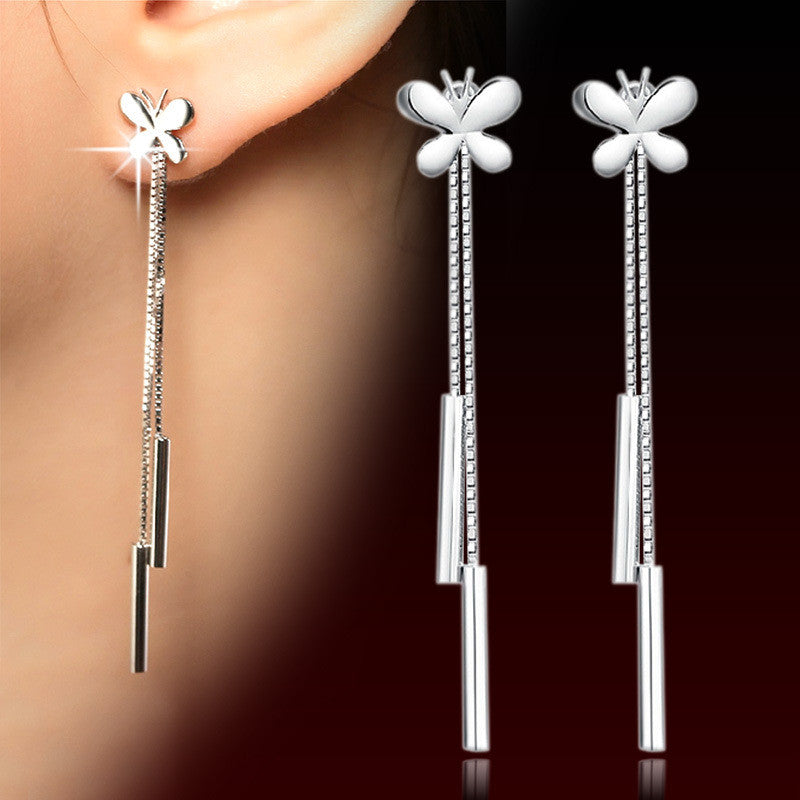 Fashion Summer Jewelry 925 Sterling Silver Butterfly long Tassels earrings.Platinum plating pendant earrings for women