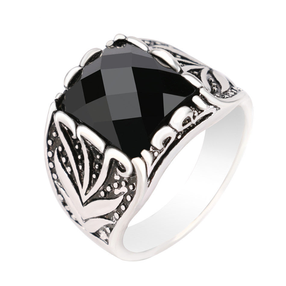 Fashion Vintage Black Rings For Men Accessories Size 11 Rectangle AAA Resin Silver Plated Jewelry