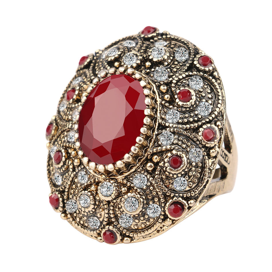Fashion Vintage Jewelry Rings Unique plated Ancient Gold Mosaic AAA Crystal Big Oval Ruby Ring For Women