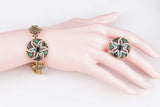 Fashion Vintage Look White Crystal Colorful Resin Starfish Picture Gold Plated Jewelry Set Indian Bracelet Ring For Women