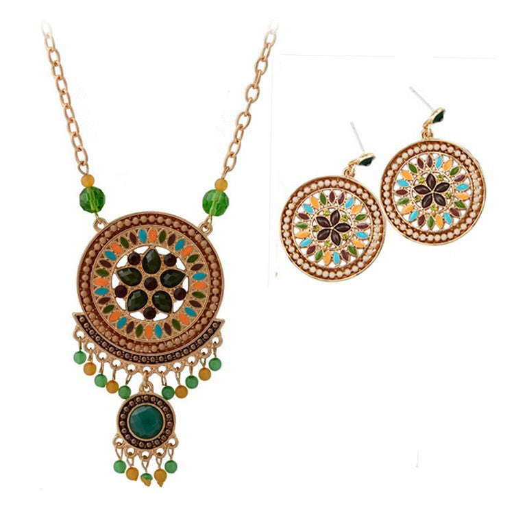 Fashion Women Ethnic Shiny Crystal Green Flower Pendent Necklace & Earring Statement Jewelry Sets