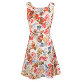 Fashion Women New Desigual Apricot Sleeveless Round Neck Florals Print Pleated Dress Saias Femininas Summer Clothing