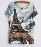 Fashion Women T Shirt Short Sleeve Eiffel Tower Print tshirts Women Tops T- Shirt Casual Patchwork Top Shirt Women