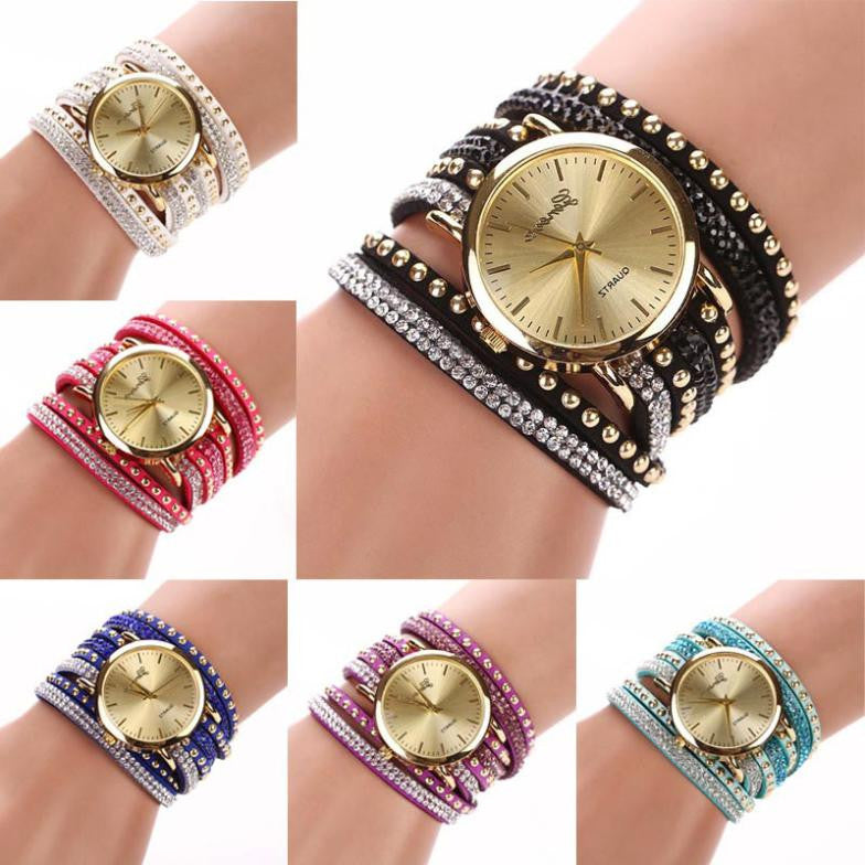 Fashion Women's Watches Retro Bracelet Watch Synthetic Leather Quartz Watch Crystal Bling Dress Montre Relogio