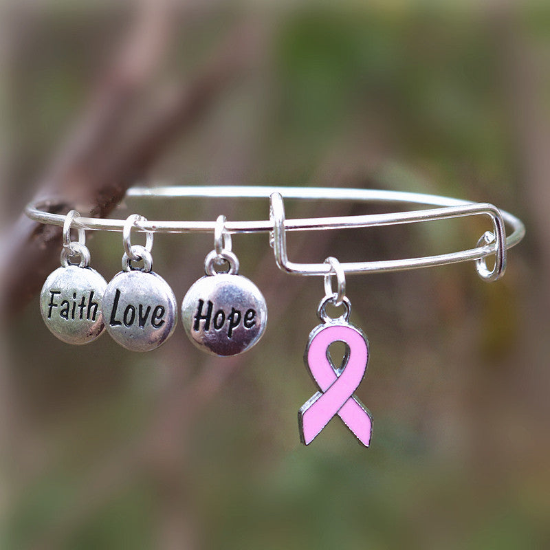 Fashionable Breast Cancer Awareness Bangle Faith Hope Love Charm Bracelet Wish Jewelry