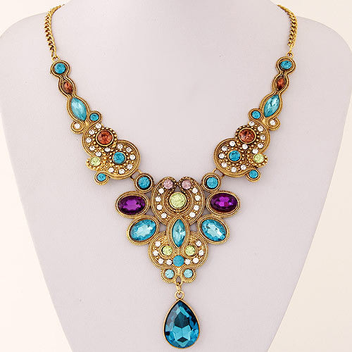 Fine Jewelry Long Blue Maxi Crystal Necklace for Women Vintage Gold Statement Necklaces & Pendants Indian Choker Colar