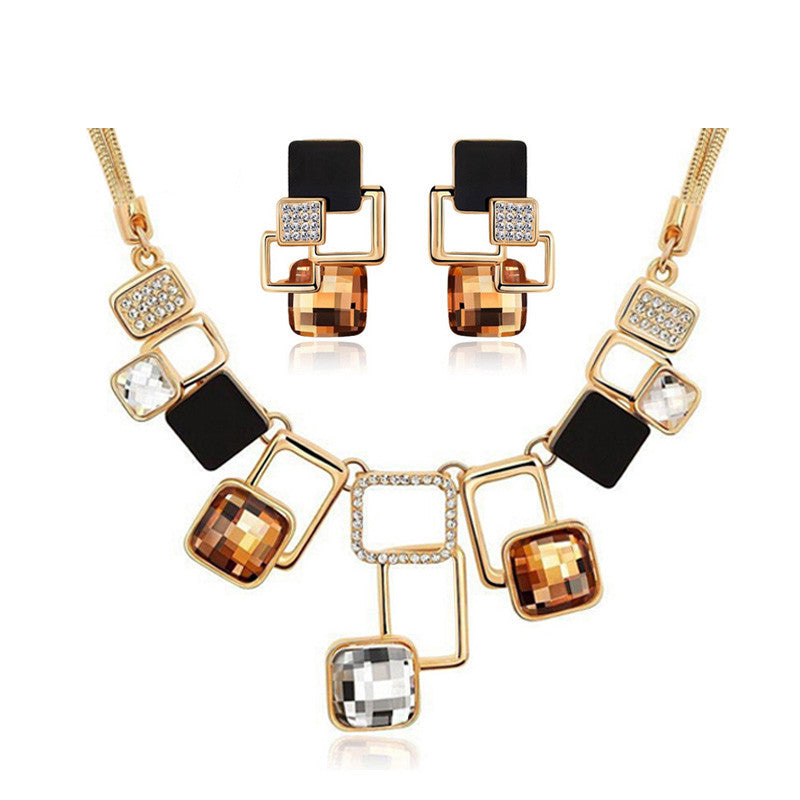 Fine Jewelry sets New Fashion Gold Plated Filled Rhinestone Crystal Acrylic Geometric Necklace Earring Jewellery Set For Women