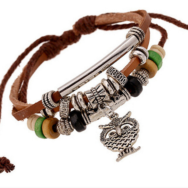 Genuine Cow Leather Bracelets Womens Lovely Animal Hollow Owl Pendant Charm Bracelet & Bangle Women Wristband Wrap