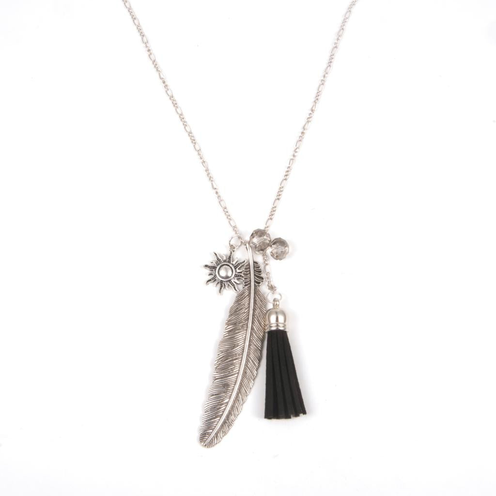 Fashion Tassel Pendant Necklace Feather Necklace Link Chain Silver Tone