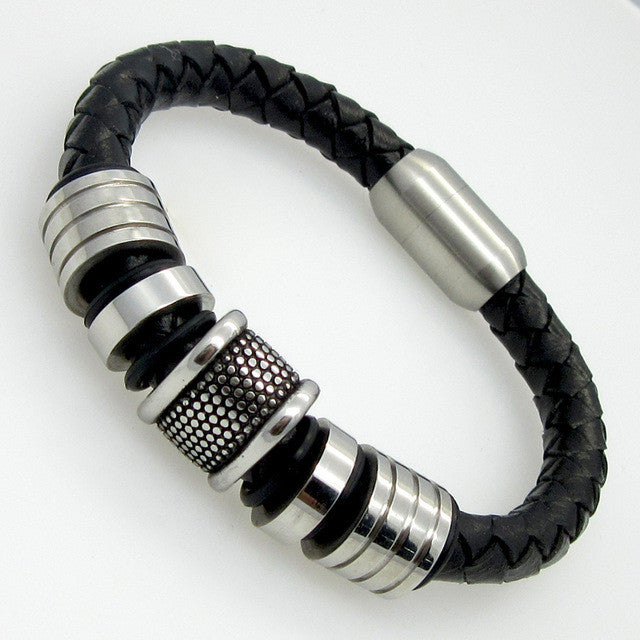 Genuine Leather Bracelet Men Stainless Steel Leather Braid Bracelet With Magnetic Buckle Claps pulseiras masculina