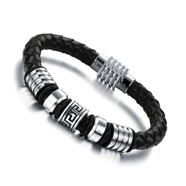 Genuine leather bracelet Great Wall stainless steel cool men leather woven bracelet with magnetic buckle