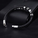Genuine leather rope bracelet stainless steel cool men leather woven bracelet with magnetic buckle black