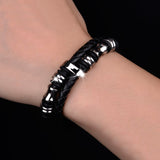 Genuine leather rope bracelet stainless steel cool men leather woven bracelet with magnetic buckle black