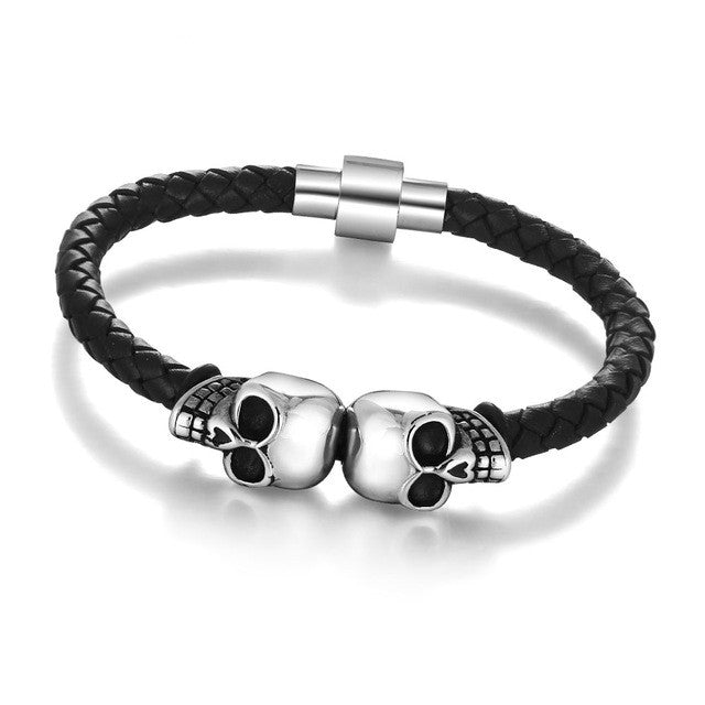 Genuine Leather Skeleton Skull Stainless Steel Bracelets & Bangles Rock Jewelry Fashion Men's Bracelet